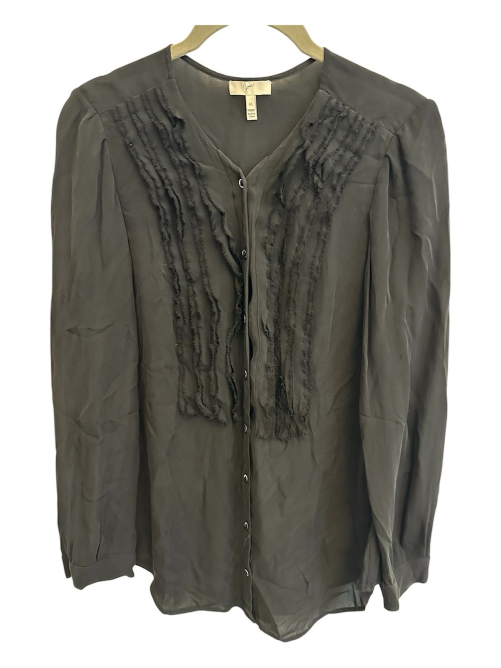 Joie Sheer Black Tuxedo Ruffle-Trim Button Blouse